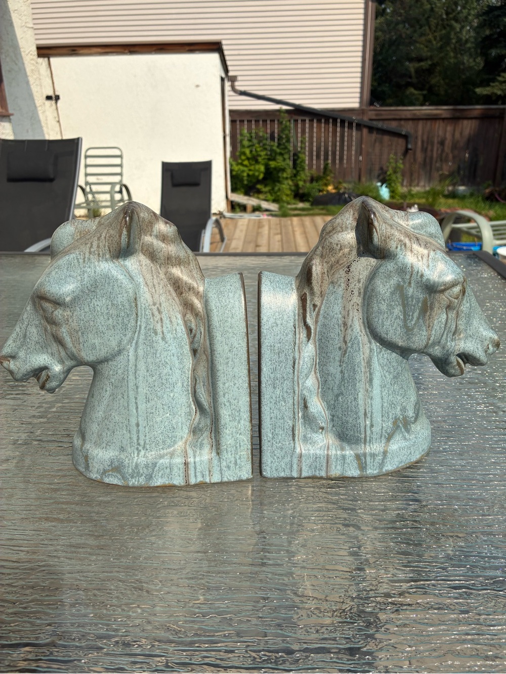 Blue Mountain Pottery BMP Horse Head Bookends Rare Slate Color Drip Glaze Mint
